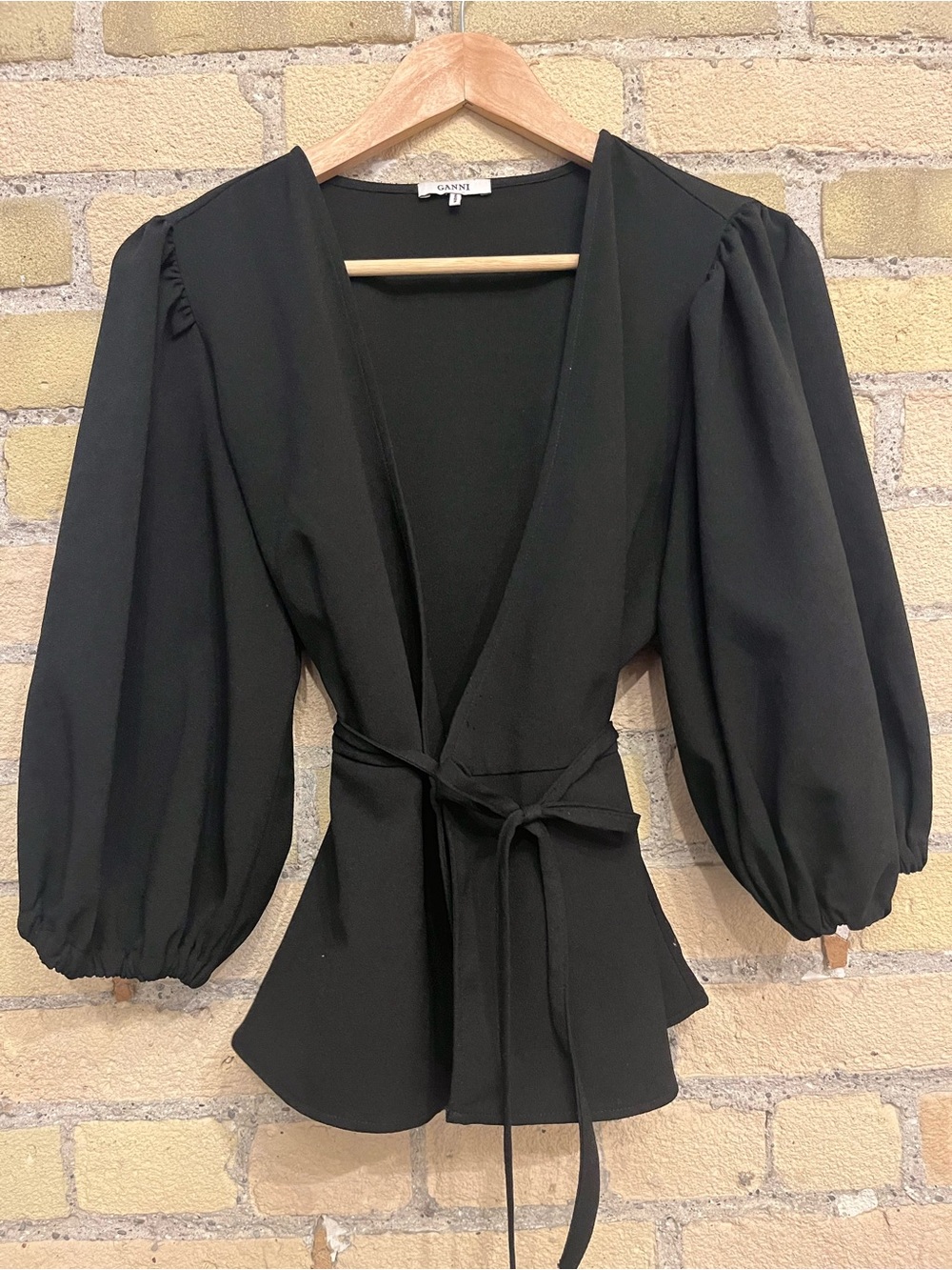 Ganni Black Puff-Sleeve Wrap Top